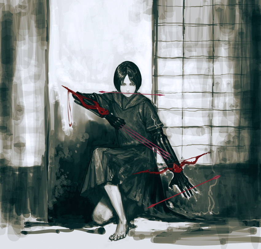 arrow bad_id bad_pixiv_id barefoot bow_(weapon) copyright_request crossbow face feet gloves hands highres ikeda_masateru monochrome mouth_hold short_hair skirt solo spot_color weapon