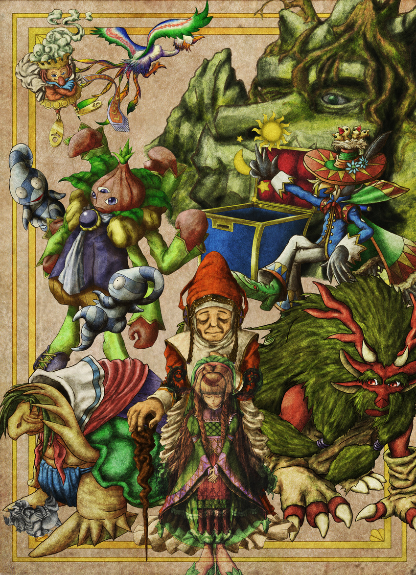 antlers beige_background brown_dress bush cancun_bird dress dual_persona gaeus highres legend_of_mana matilda_(lom) monster multiple_girls olbohn plant pokiehl rosiotti seiken_densetsu selva shadoles simple_background staff standing stick tote tree wand