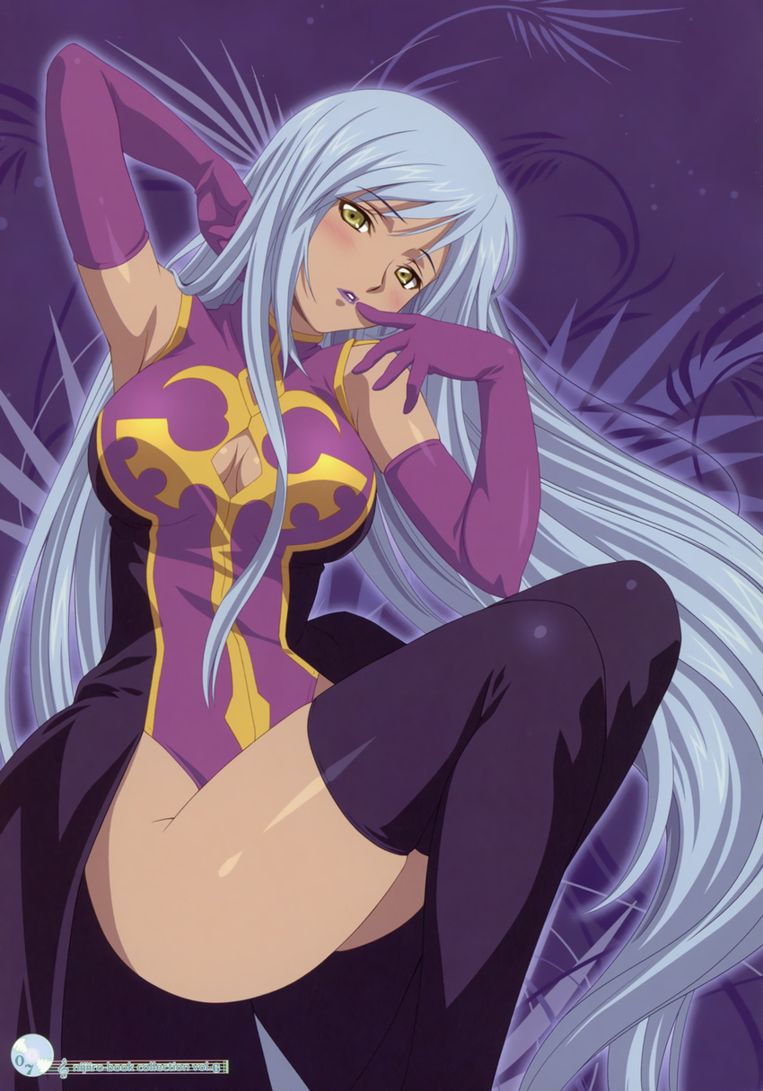 absurdres black_thighhighs blue_hair blush breasts chinadress chinese_clothes cleavage cleavage_cutout code_geass dark_skin dress elbow_gloves gloves high_res highleg hips koutaro large_breasts light_brown_hair lipstick long_hair lying nijiiro_zakura on_back oppai scan silver_hair solo thighhighs very_long_hair villetta_nu yellow_eyes