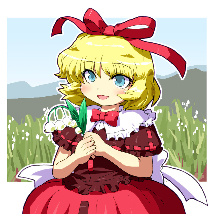 :d blonde_hair blue_eyes blush bow dress field flower gomi_ichigo grass hair_bow hair_ornament highres holding lily_of_the_valley medicine_melancholy open_mouth plant short_hair smile solo touhou