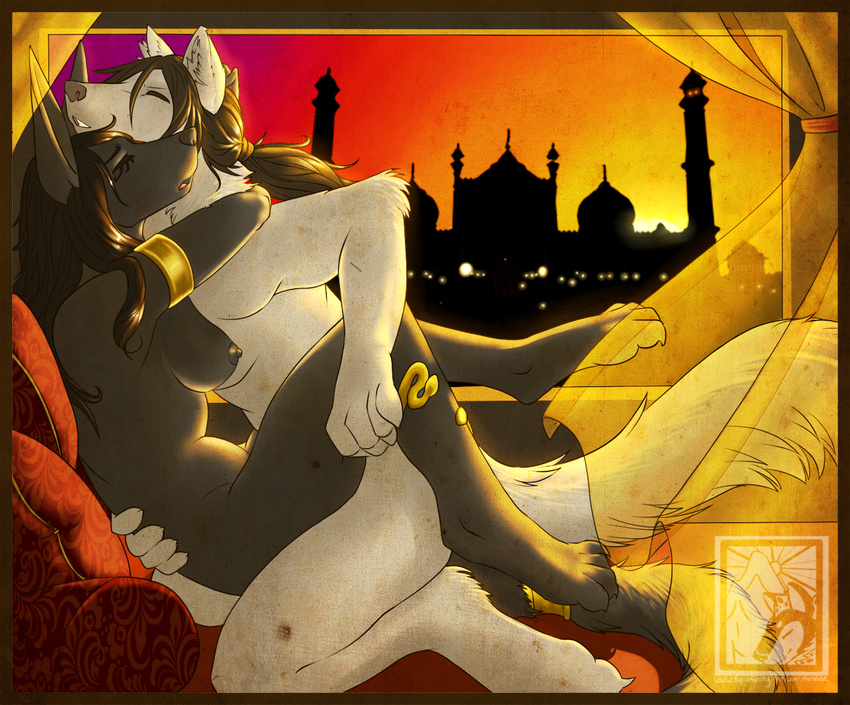 breasts brown_hair canine couple curtains egyptian eyes_closed female feralise hair jackal long_hair male mammal nipples nude open_mouth penetration sex straight taj_mahal window wolf