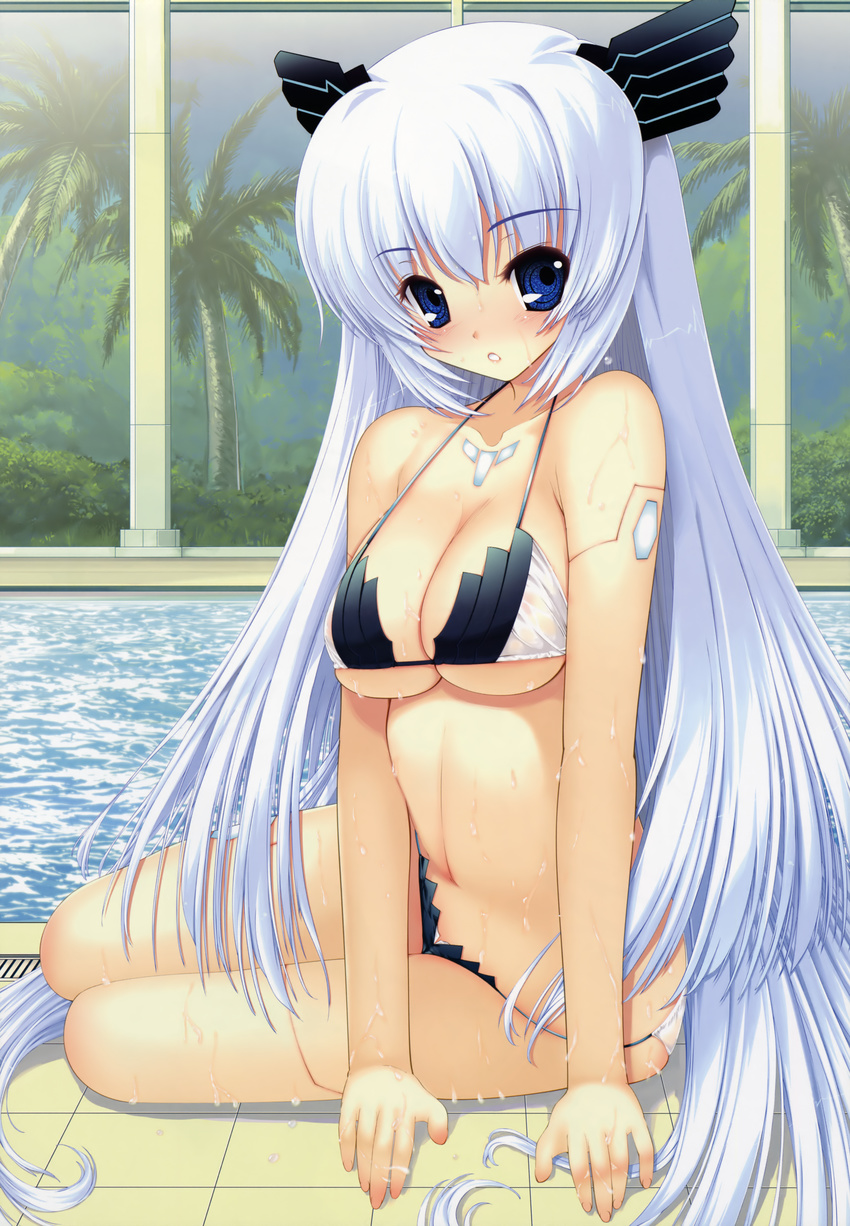 :o absurdres android arm_support bikini blue_eyes blush breasts cleavage dengeki_hime doll_joints elle_prier highres huge_filesize large_breasts long_hair moric rafale_nana robot_joints scan silver_hair sitting solo swimsuit underboob very_long_hair wet yokozuwari