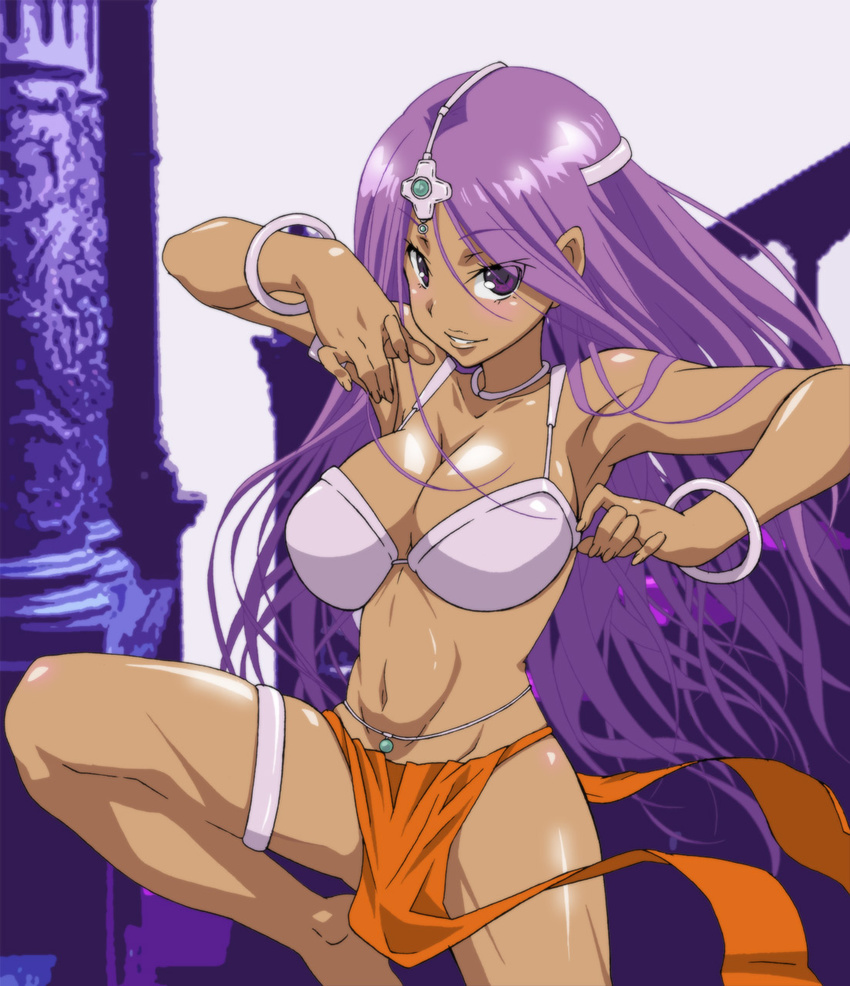 barefoot bikini_top bracelet breasts choker cleavage dark_skin dragon_quest dragon_quest_iv highres jewelry large_breasts leg_up legs loincloth long_hair manya navel pelvic_curtain purple_eyes purple_hair solo thighs toned yuukami_(wittsu)