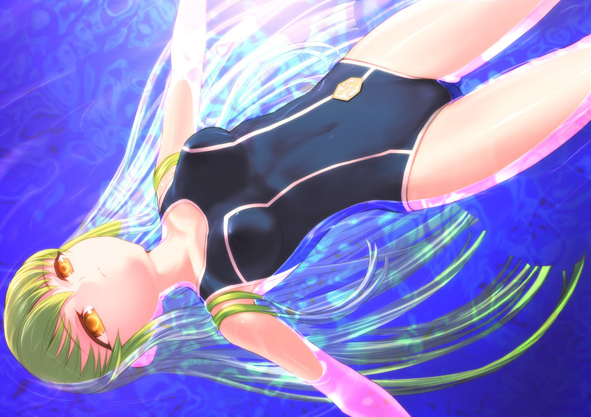 green_hair in_water long_hair lying mizugi orange_eyes sukumizu