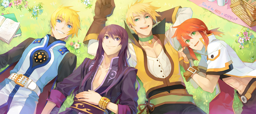 black_eyes black_hair blonde_hair blue_eyes book bracelet choker copyright_name crossover flynn_scifo gloves green_eyes guy_cecil jewelry long_hair luke_fon_fabre lying male_focus multiple_boys red_hair runia smile tales_of_(series) tales_of_the_abyss tales_of_vesperia yuri_lowell