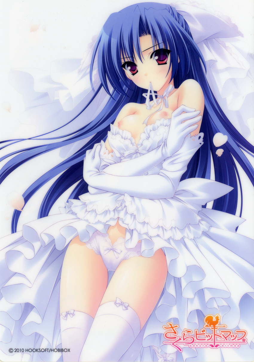 1girl absurdres bare_shoulders breasts dress dress_pull elbow_gloves gloves highres hiyama_riko mouth_hold nipples panties ribbon_in_mouth sakura_bitmap solo suzuhira_hiro thighhighs underwear wedding_dress white_legwear