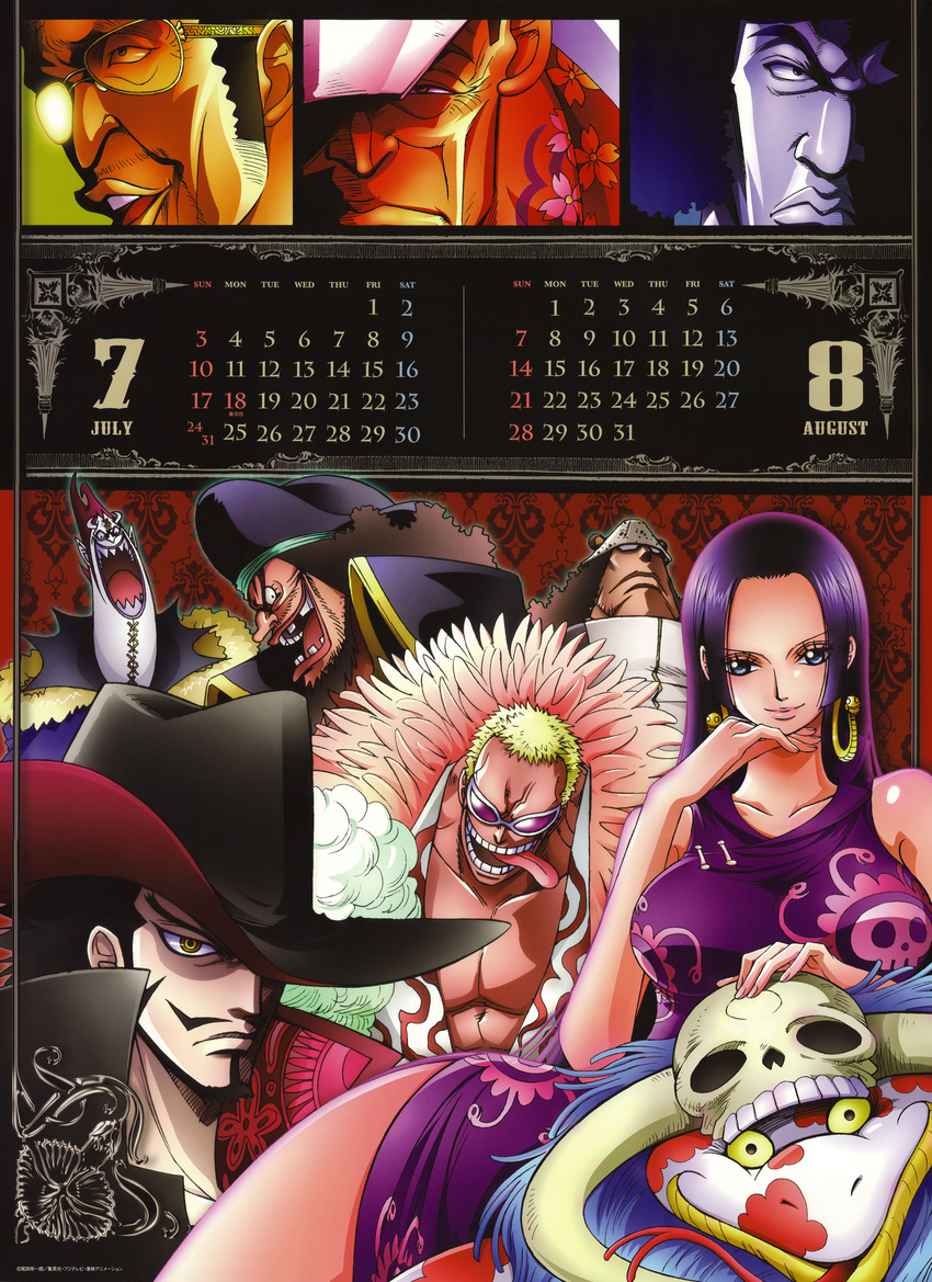 aokiji bartholomew_kuma boa_hancock calendar donquixote_doflamingo dracule_mihawk dress gecko_moria kemonomimi marshall_d._teach megane one_piece open_shirt