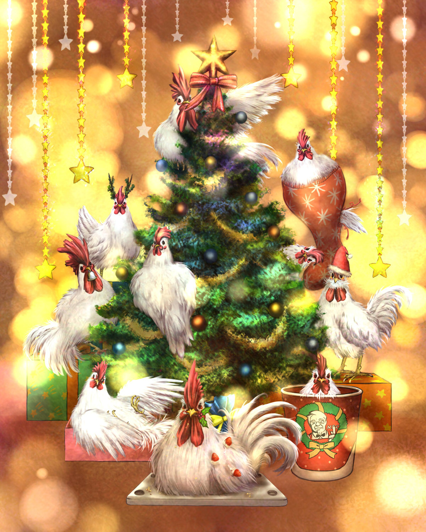 bird bow box chicken christmas_tree claws feathers gift highres kfc no_humans original ornament ribbon rooster star tree wings yoshiyanmisoko