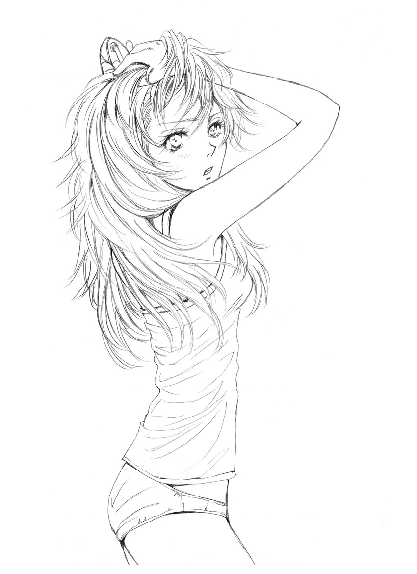 amelie camisole graphite_(medium) greyscale hand_in_hair hands_on_own_head highres lineart long_hair monochrome neon_genesis_evangelion open_mouth panties shikinami_asuka_langley sketch solo souryuu_asuka_langley traditional_media underwear