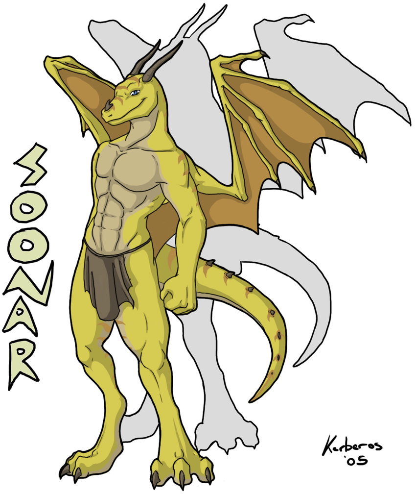 blue_eyes claws dragon horn horns kerberos loincloth looking_at_viewer male muscles plain_background smile solo spikes standing stripes toned underwear white_background wings yellow_dragon zoonar