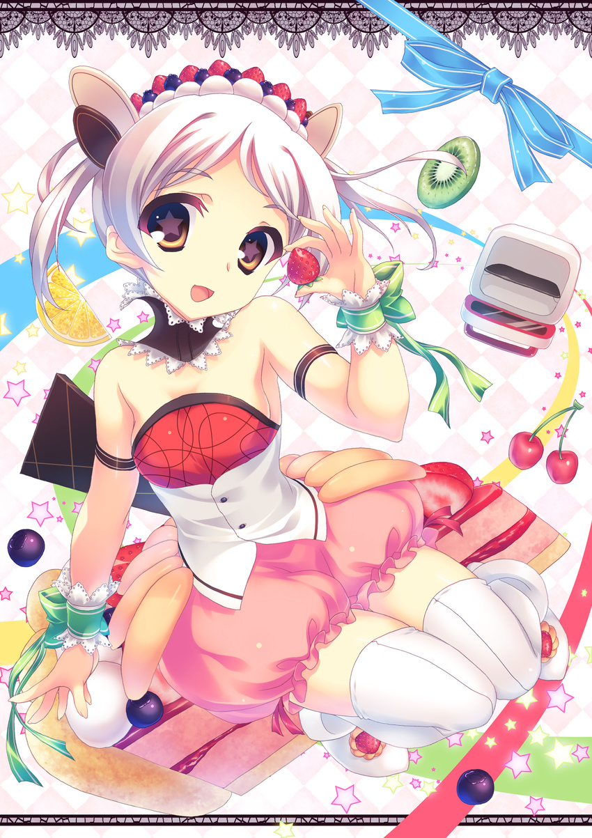absurdres aoi_sora-maru bare_shoulders brown_eyes cherry food food_themed_clothes fruit hair_ornament highres holding holding_food holding_fruit kiwifruit looking_at_viewer open_mouth orange original personification purple_hair smile solo star star-shaped_pupils strawberry symbol-shaped_pupils thighhighs white_legwear zettai_ryouiki