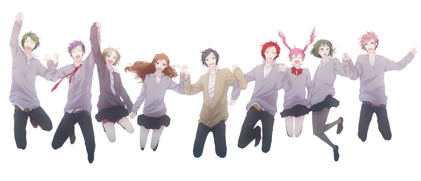 5boys ayasaki_remi brown_hair cardigan closed_eyes glasses green_hair happy highres holding_hands hori-san_to_miyamura-kun hori_kyouko ishikawa_tooru iura_shuu jumping kouno_sakura long_hair miyamura_izumi multiple_boys multiple_girls necktie purple_hair red_hair school_uniform sengoku_kakeru short_hair simple_background skirt smile sweater tomu twintails yanagi_akane yoshikawa_yuki_(hori-san_to_miyamura-kun)