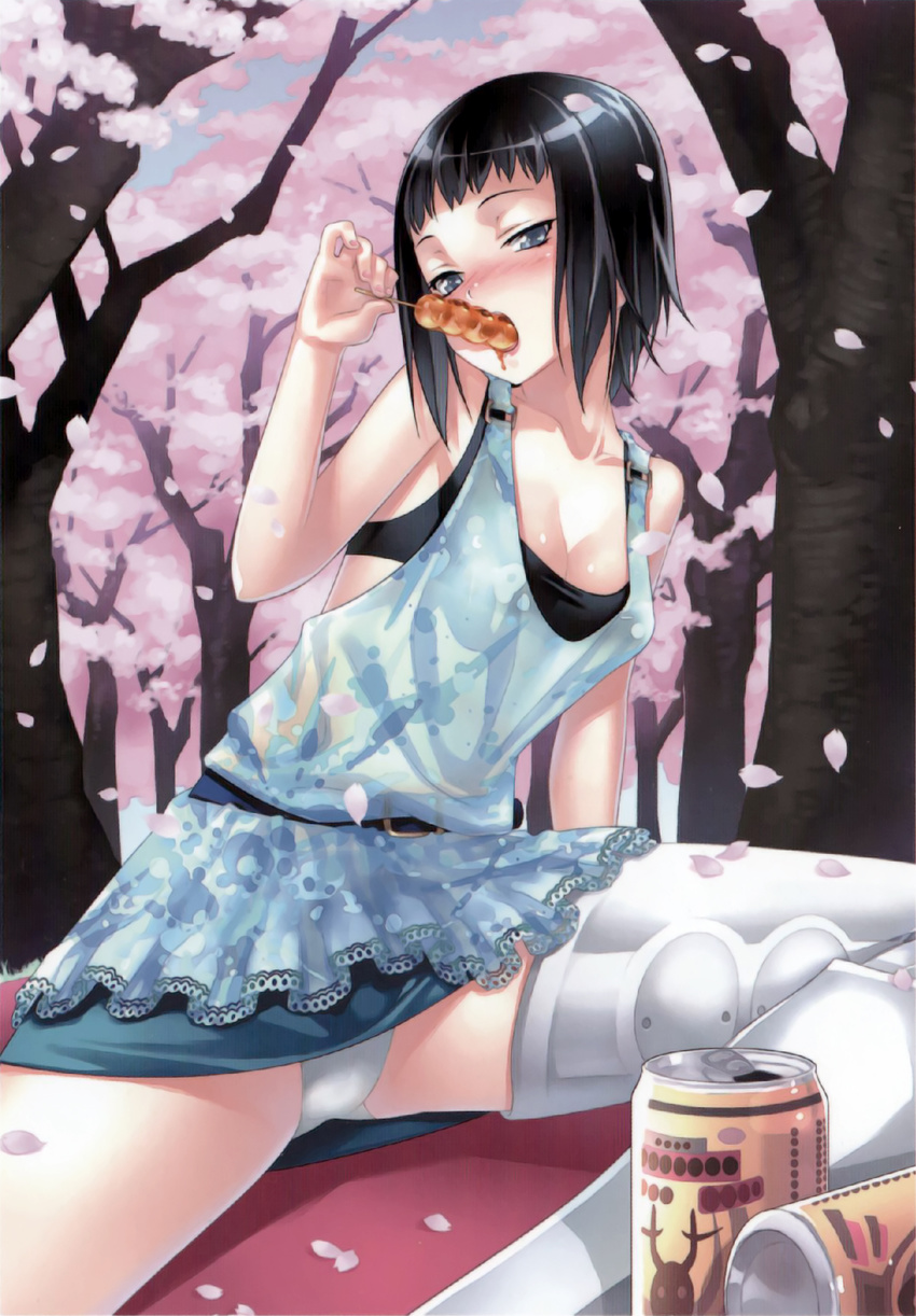 :&gt;= amputee asymmetrical_clothes bangs belt black_bra black_hair blue_eyes blunt_bangs blush bob_cut bra breasts can cherry_blossoms cleavage dango day dress eating embarrassed food highres holly_summers kousaki_rui leaning lingerie lipstick makeup medium_breasts nail_polish nature no_more_heroes open_mouth outdoors panties pantyshot pantyshot_(sitting) petals pink_nails prosthesis scan see-through sexually_suggestive short_hair single_thighhigh sitting sky solo thighhighs tree underwear wagashi white_panties