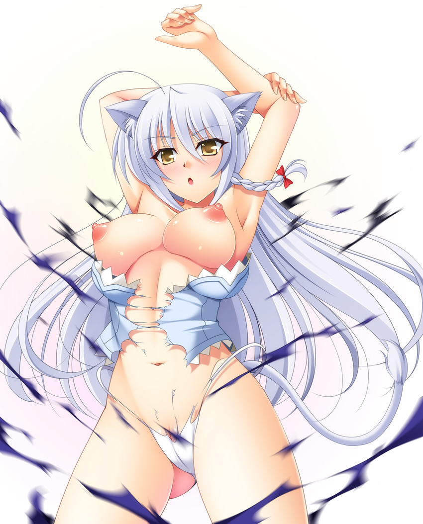 :o ahoge animal_ears armpits blush breasts cameltoe cat_ears cat_tail dog_days exploding_clothes highres leonmitchelli_galette_des_rois long_hair medium_breasts narutaki_shin navel nipples pussy_peek solo tail torn_clothes white_hair yellow_eyes