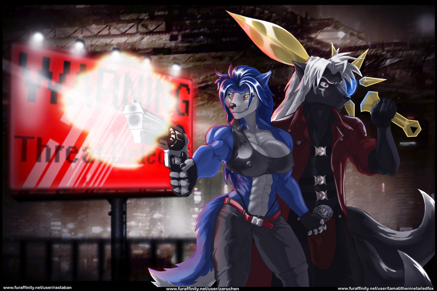 abs anthro biceps big_breasts blue blue_fur blue_hair breasts canine couple female fox fur hair hopey long_hair male mammal multiple_tails muscles muscular_female nipple_bulge pose rastaban standing sword tamati weapon wolf wolfess
