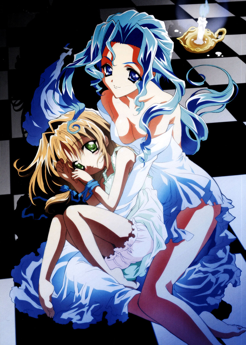 artbook barefoot bloomers blue_eyes blue_hair breasts brown_hair candle checkered checkered_floor cleavage covered_nipples green_eyes hair_intakes highres hug hug_from_behind legs lingerie long_hair long_legs medium_breasts miruka multiple_girls nightgown nishida_asako no_bra off_shoulder on_floor perspective ribbon scan seiren_(yamibou) underwear yami_to_boushi_to_hon_no_tabibito