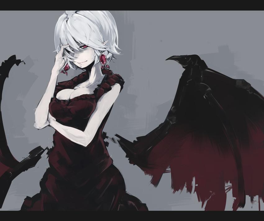 bad_id bad_pixiv_id bangs bat_wings breasts cleavage collarbone dress earrings error jewelry large_breasts letterboxed nail_polish older one_eye_closed pointy_ears rca red_dress red_eyes remilia_scarlet short_hair silver_hair sleeveless sleeveless_dress solo touhou wings