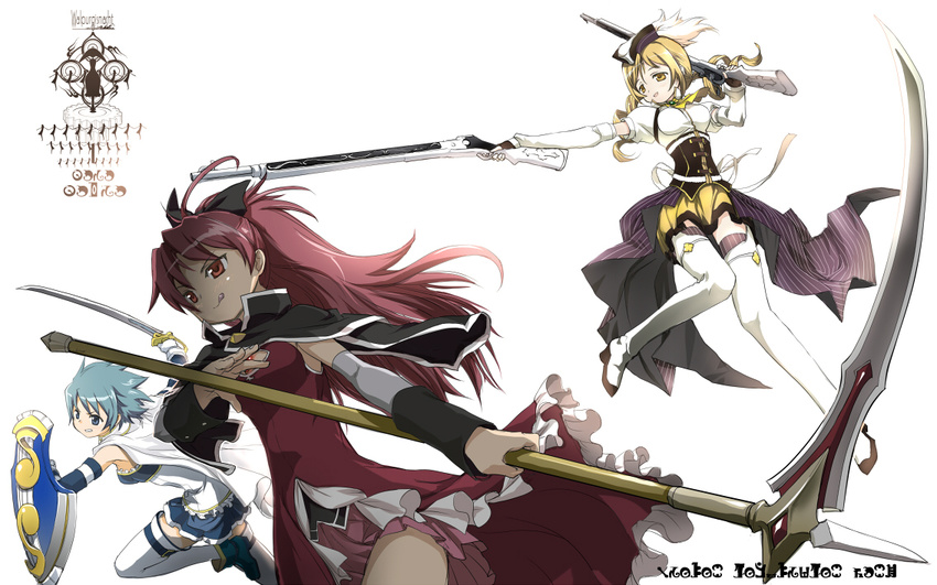 :p adapted_costume beret blonde_hair blue_hair boots bow brown_legwear cape capelet corset detached_sleeves drill_hair dual_wielding fingerless_gloves gloves gun hair_bow hair_ornament hat holding long_hair madoka_runes magical_girl magical_musket mahou_shoujo_madoka_magica miki_sayaka multiple_girls pleated_skirt ponytail puffy_sleeves red_hair ribbon rifle sakura_kyouko scythe shield short_hair simple_background skirt striped striped_legwear sword takimiya_kazutaka thigh_boots thighhighs tomoe_mami tongue tongue_out twin_drills twintails vertical-striped_legwear vertical_stripes walpurgisnacht_(madoka_magica) weapon white_background white_legwear zettai_ryouiki