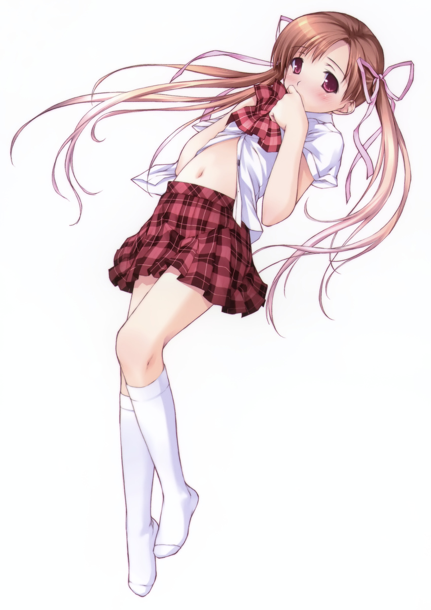 absurdres arched_back bow copyright_request dress_shirt feet hair_ribbon highres kneehighs legs navel ooji panties plaid plaid_bow plaid_skirt ribbon school_uniform shirt shirt_lift simple_background skirt socks solo twintails underwear white_legwear white_panties