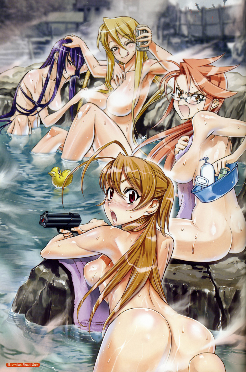 4girls :o :q ahoge angry bath beer bent_over blonde blush breasts brown_eyes brown_hair busujima_saeko can censored convenient_censoring duck fang from_behind gun hand_on_head high_res highschool_of_the_dead huge_breasts inazuma large_breasts long_hair looking_back marikawa_shizuka megane miyamoto_rei multiple_girls nude onsen open_mouth oppai oshiri pink_hair purple_hair rubber_duck scan shouji_sato sideboob sitting steam surprised takagi_saya tongue towel water weapon wet wink