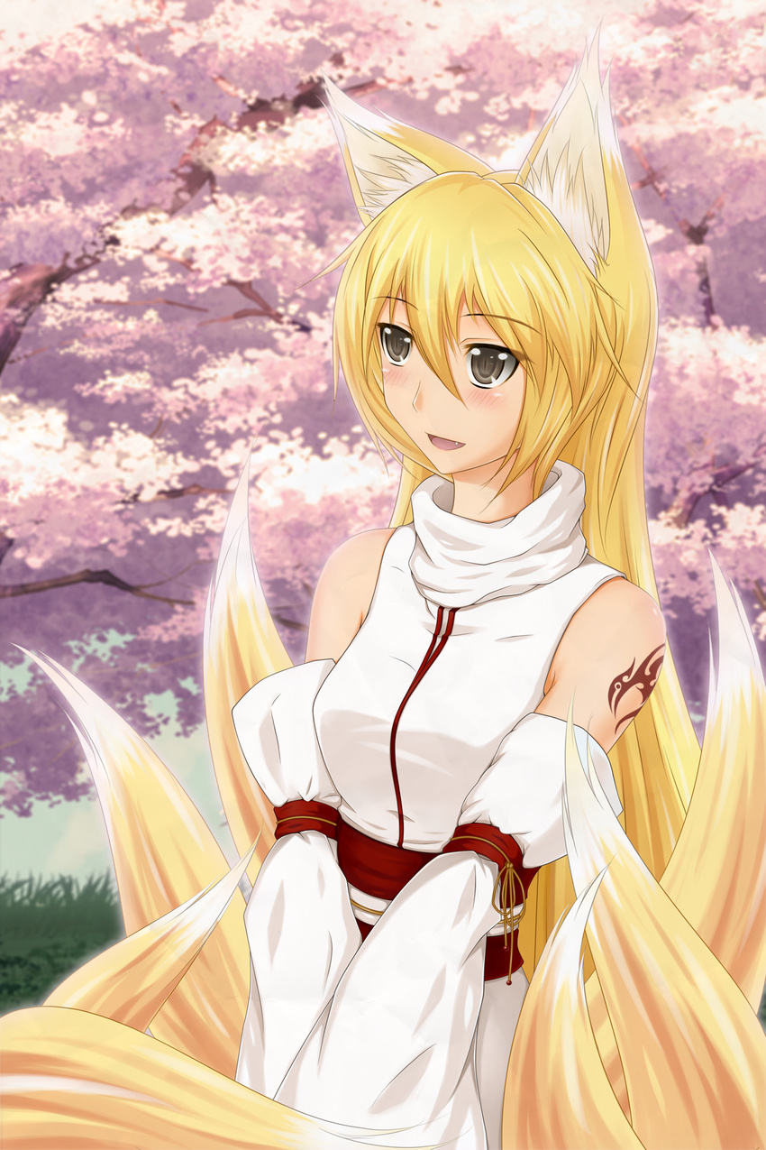 animal_ears bare_shoulders blonde_hair copyright_request detached_sleeves fox_ears fox_tail grey_eyes highres long_hair midnight_(banyex) multiple_tails smile solo tail tattoo
