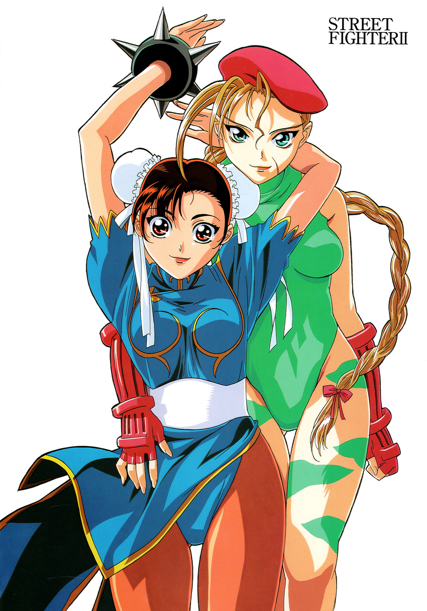 2girls absurdres beret blonde_hair brown_eyes brown_hair cammy cammy_white capcom china_dress chinese_clothes chun-li double_bun dress fingerless_gloves gloves green_eyes hat highres keiji_goto leotard long_hair multiple_girls ox_horn street_fighter women