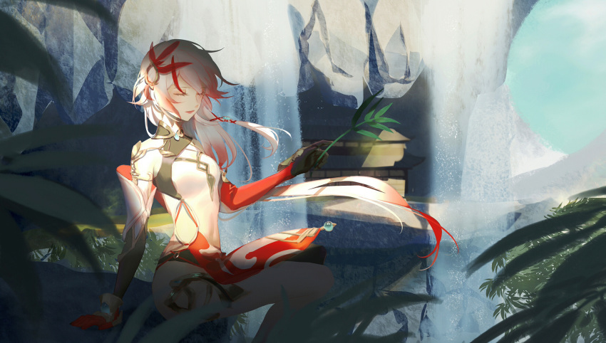 1girl arm_support bangs breasts china_dress chinese_clothes day dress feathers floating_hair fu_hua fu_hua_(phoenix) gold_trim gradient_hair hair_between_eyes hair_ornament highres holding holding_leaf honkai_(series) honkai_impact_3 leaf long_hair multicolored_hair outdoors pelvic_curtain plant red_hair shade side_slit silver_hair sitting small_breasts smile solo streaked_hair thighlet tree turquoise_(gemstone) whiteshirt wind wind_lift