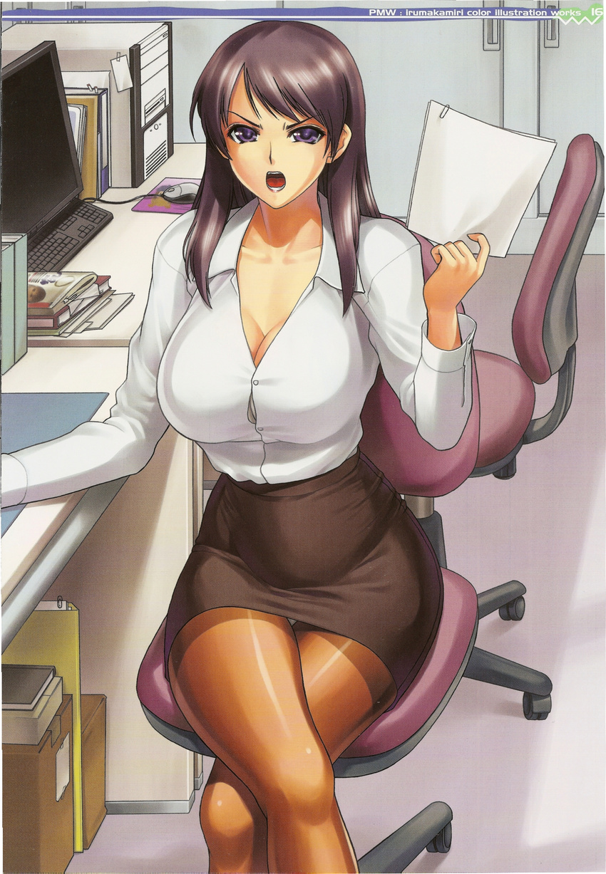 angry breasts brown_thighhighs bursting_breasts clavicle cleavage computer computer_keyboard crossed_legs curvaceous desk dress_shirt hips iruma_kamiri japanese_text large_breasts lipstick long_hair miniskirt monitor mouse mousepad office office_lady open_mouth oppai panchira pantsu paper paperclip purple_eyes purple_hair secretary sitting skirt solo thighhighs thighs white_panties