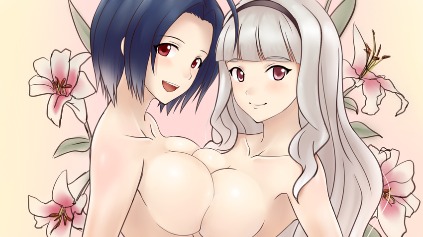 2girls blue_hair breasts flowers idolmaster miura_azusa myu-po nude red_eyes shijou_takane topless