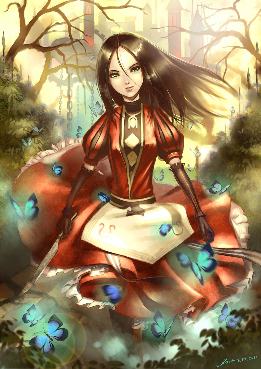 alice:_madness_returns alice_(wonderland) alice_in_wonderland brown_hair bug butterfly castle dress green_eyes highres inoi insect knife long_hair solo weapon