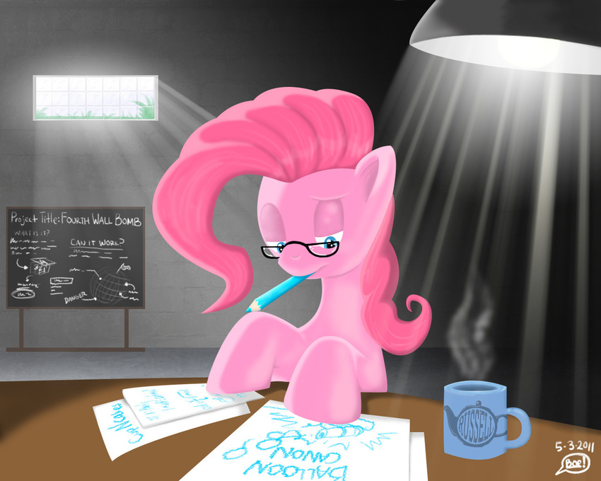 blue_eyes blueprint chalkboard chrisboe4ever cup desk_lamp desklamp equine eyewear female feral friendship_is_magic fur glasses hair horse mammal my_little_pony pencil pink_fur pink_hair pinkie_pie_(mlp) pony russell's_teapot solo weapon window