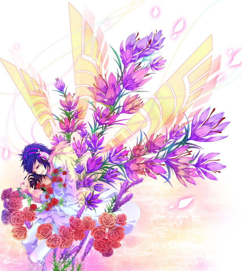 black_hair blue_hair coat decapitation durarara!! flower head high_res hug orihara_izaya pants petals plant purple_eyes rose tears wings