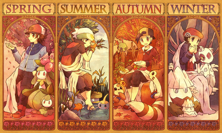 against_tree alternate_costume art_nouveau autumn autumn_leaves backwards_hat bad_id bad_pixiv_id barefoot baseball_cap beret berries black_hair branch brown_eyes brown_hair capri_pants cherry_blossoms cloth coat fingerless_gloves flower food froslass fruit furret gen_2_pokemon gen_3_pokemon gen_4_pokemon gen_5_pokemon gloves gold_(pokemon) grass hands_together hat highres in_tree jacket kabocha_torute kouki_(pokemon) leaf lilligant lotad maple_leaf mudkip multiple_boys natu pants petals petilil pokemon pokemon_(creature) pokemon_(game) pokemon_bw pokemon_dppt pokemon_emerald pokemon_hgss pokemon_platinum pokemon_rse purple_eyes rock scarf seasons shoes short_hair sitting sitting_in_tree sneakers snover snowman spring_(season) standing summer surskit teddiursa touya_(pokemon) tree wading water winter winter_clothes yuuki_(pokemon)