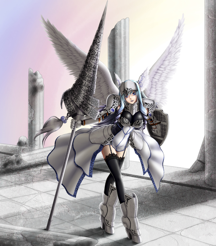 angel_wings armor black_thighhighs blue_eyes boots breasts curly_hair dress drill_hair feathers garter_belt garter_straps gauntlets headwings helmet high_heels lance large_breasts lipstick long_hair lord_of_vermilion oppai purple_lipstick shield thighhighs valkyrie valkyrie_(lord_of_vermilion) weapon wings