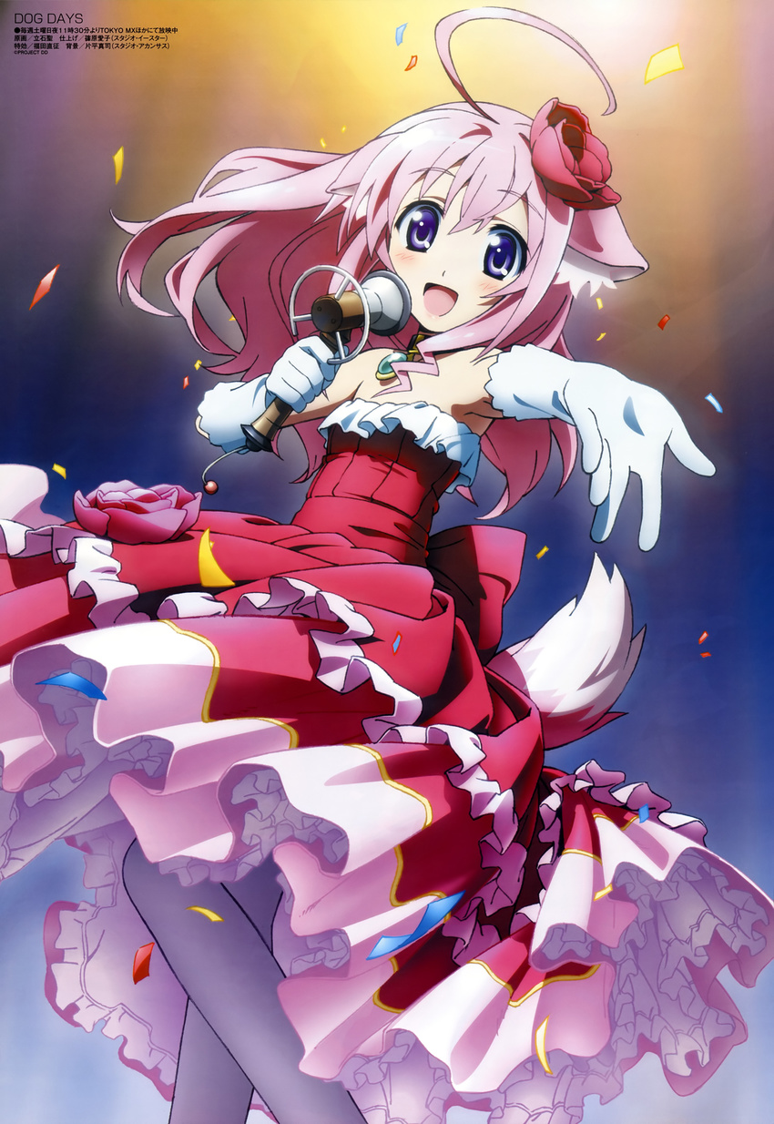 :d absurdres ahoge animal_ears armpits bare_shoulders blush choker confetti dog_days dog_ears dog_girl dog_tail dress elbow_gloves flat_chest flower foreshortening frills gloves hair_flower hair_ornament highres idol jewelry legs lolita_fashion long_hair looking_at_viewer megami microphone millhiore_f_biscotti official_art open_mouth outstretched_hand pantyhose pendant petals pink_hair purple_eyes rose scan shiwasu_takashi smile solo standing tail
