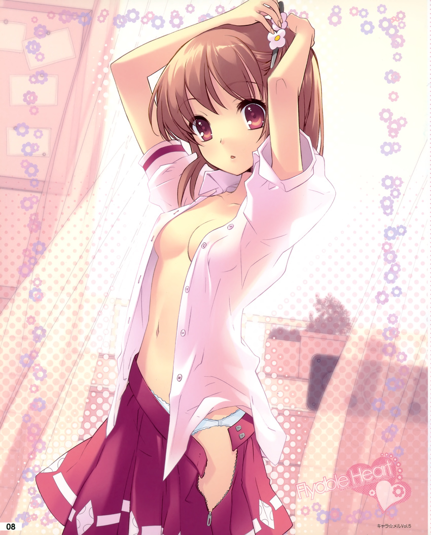 absurdres breasts brown_hair covered_nipples dress_shirt flyable_heart hair_ornament hairclip highres inaba_yui itou_noiji miniskirt no_bra open_clothes open_shirt open_skirt panties pleated_skirt red_skirt school_uniform shirt skirt skirt_pull small_breasts solo striped striped_skirt underwear undressing white_panties