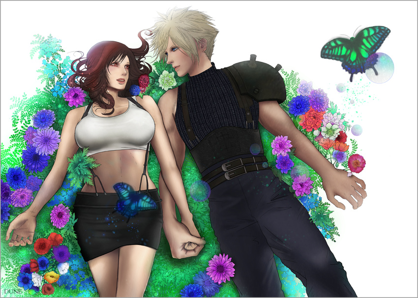 1boy 1girl belt blonde_hair blue_eyes brown_eyes brown_hair butterfly cloud_strife couple duneart female final_fantasy final_fantasy_vii flower hand_holding holding_hands long_hair lying male midriff miniskirt pants short_hair skirt sleeveless sleeveless_turtleneck suspenders tank_top tanktop tifa_lockhart turtleneck