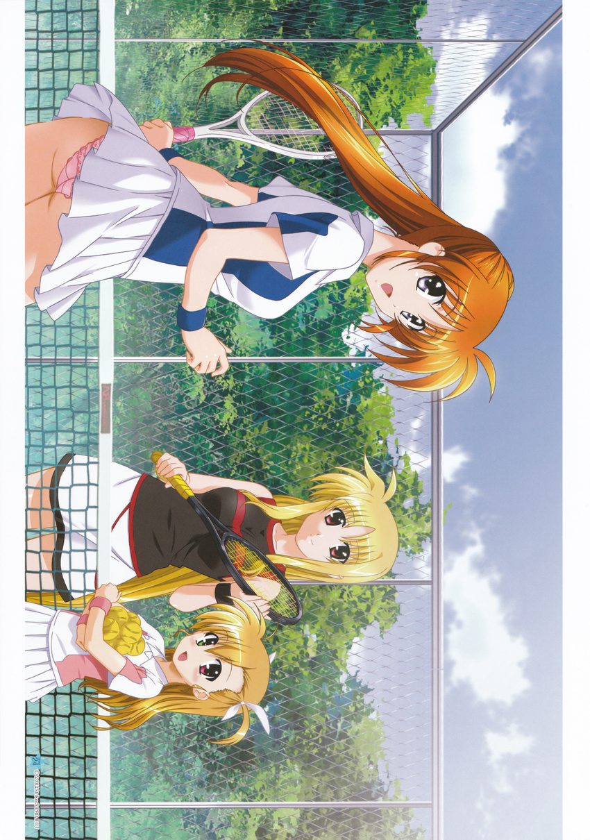 fate_testarossa heterochromia mahou_shoujo_lyrical_nanoha mahou_shoujo_lyrical_nanoha_strikers okuda_yasuhiro oshiri pantsu takamachi_nanoha tennis vivio