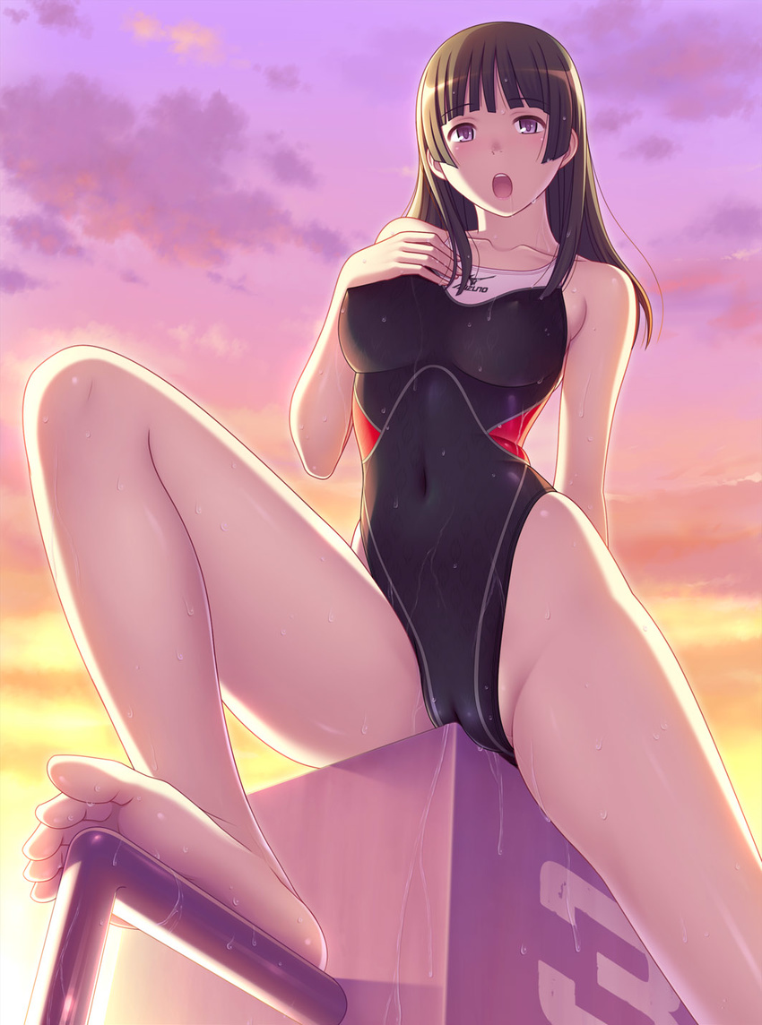 barefoot black_eyes black_hair breasts cloud competition_swimsuit covered_nipples crotch_rub feet foreshortening highleg highleg_swimsuit highres kuri_(kurigohan) large_breasts legs long_hair long_legs mizuno one-piece_swimsuit open_mouth poolside sky solo swimsuit thighs toes wet