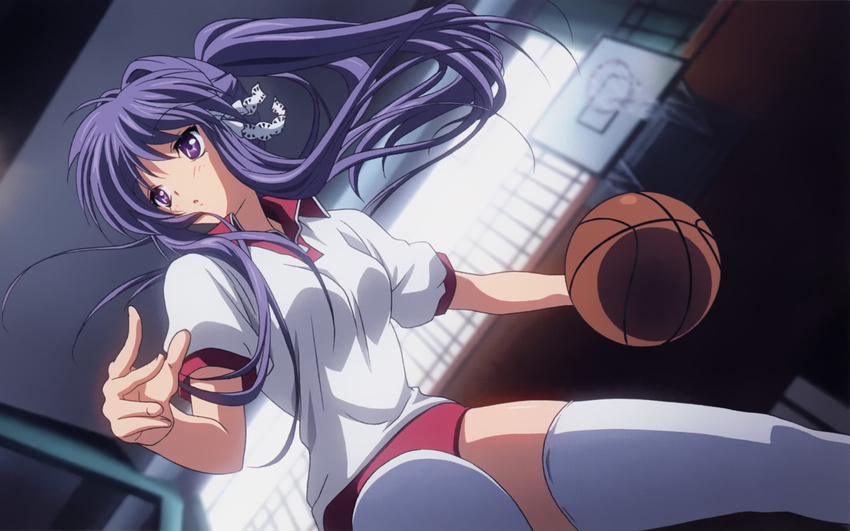 basketball buruma clannad fujibayashi_kyou gym_outfit hair_ribbon high_res purple_eyes purple_hair tagme wallpaper