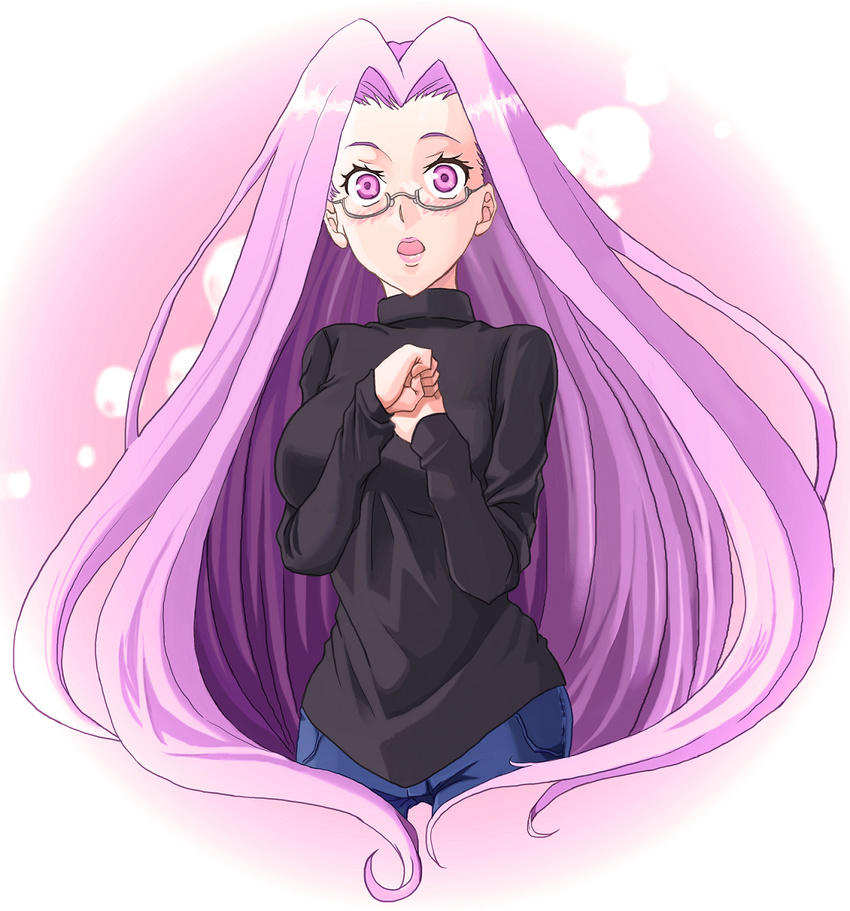 blush breasts denim eyelashes fate/stay_night fate_(series) glasses highres jeans large_breasts lips long_hair nono_(noppodesu) open_mouth pants purple_eyes purple_hair rider solo turtleneck very_long_hair