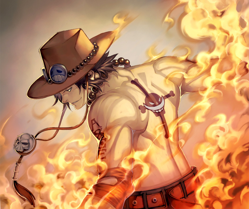 beads belt black_hair fire freckles grin hat jolly_roger katsutake male_focus muscle one_piece portgas_d_ace profile shirtless smile solo tattoo whitebeard_pirates