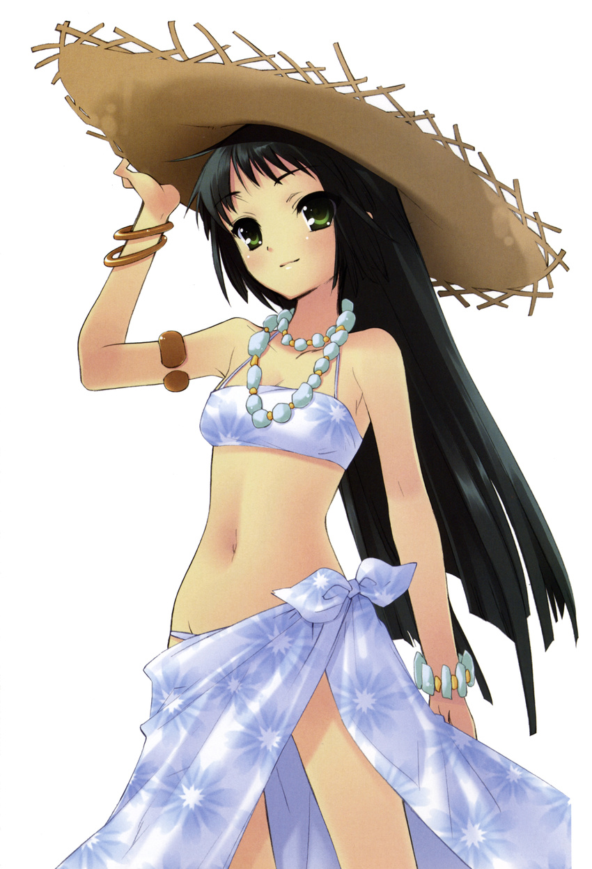 absurdres adjusting_clothes adjusting_hat armlet bikini black_hair bracelet floral_print green_eyes hat highres itou_noiji jewelry nanatsuiro_drops necklace print_sarong sarong scan simple_background strapless straw_hat swimsuit tubetop white_sarong yaeno_nadeshiko