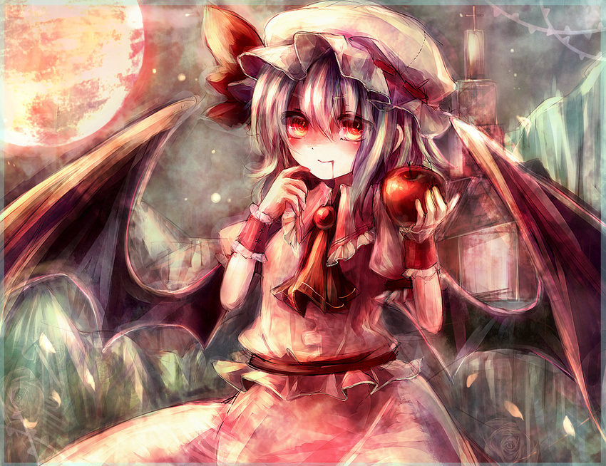 apple ascot bad_id bad_pixiv_id bat_wings blood food fruit full_moon hat lavender_hair maho_moco moon night red_eyes red_moon remilia_scarlet short_hair smile solo touhou upper_body wings wrist_cuffs