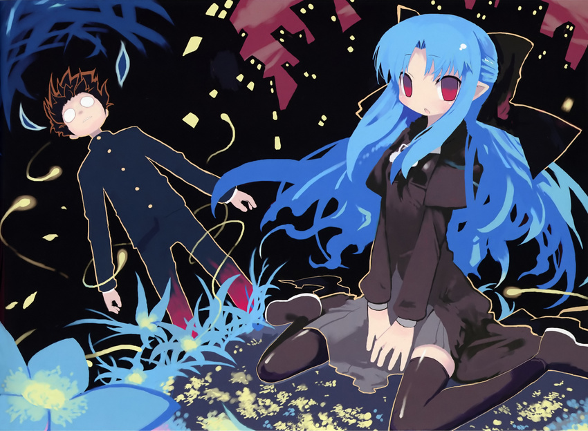 1girl absurdres black_hair black_legwear blue_hair bow dress empty_eyes flower hair_bow highres kagetsu_tooya len no_nose o_o pointy_ears red_eyes sanada_taketo school_uniform sitting source_request thighhighs toono_shiki tsukihime type-moon wariza zettai_ryouiki