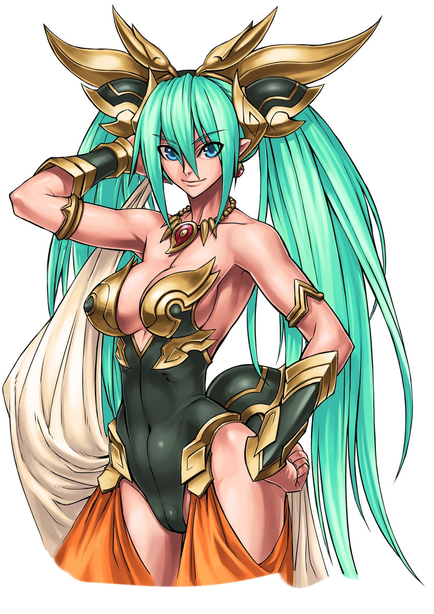 aqua_hair armlet artist_request bare_shoulders benten_(cho_aniki) blue_eyes bracer breasts cho_aniki covered_navel earrings hand_in_hair hand_on_hip harem_pants headgear highres jewelry large_breasts leotard lips long_hair magatama necklace nose official_art pants pearl_necklace pointy_ears smile solo twintails