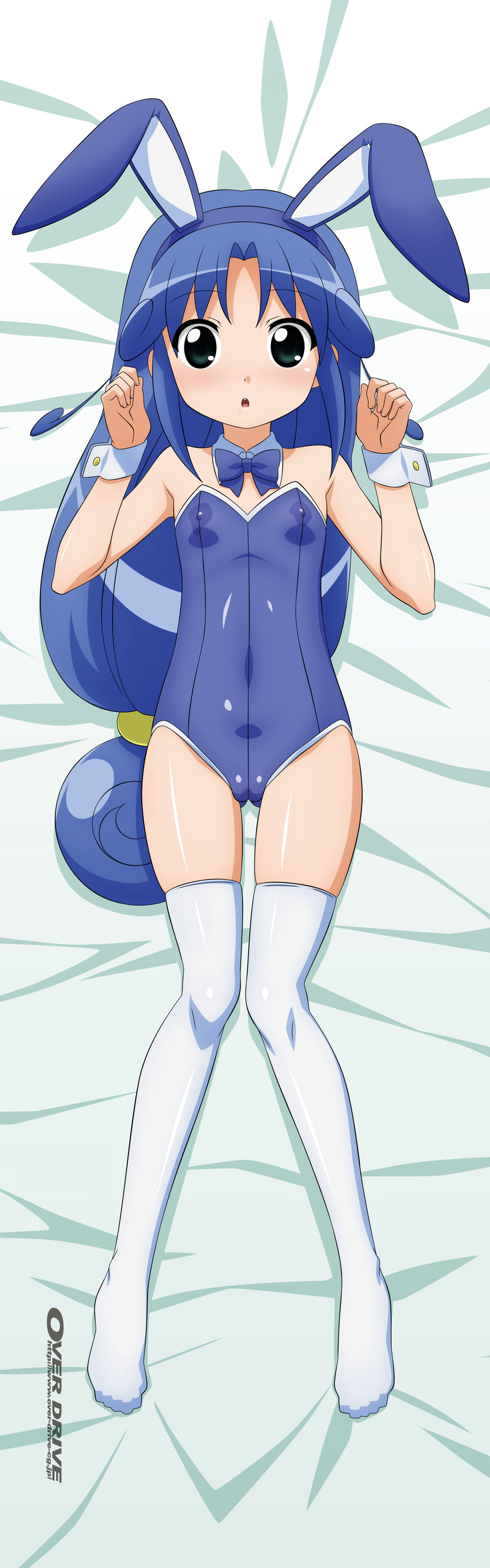 animal_ears blue_hair bunny_girl bunnysuit cameltoe collar dakimakura fushigiboshi_no_futago_hime kemonomimi lying open_mouth overdrive rein sheets sugimura_tomokazu thighhighs usamimi