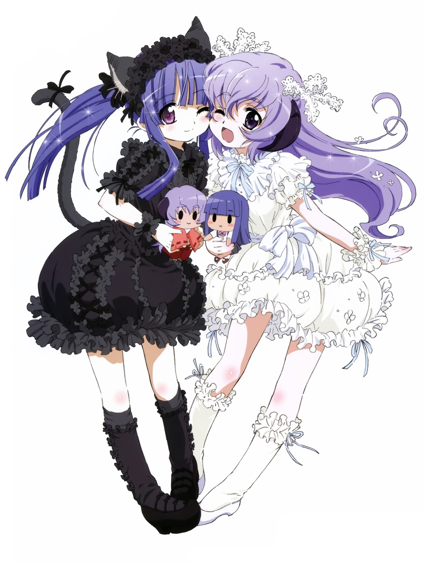 ;) ;d absurdres animal_ears bangs black_dress black_legwear blue_hair blunt_bangs blush body_blush bow_legwear cat_ears cat_tail character_doll cheek-to-cheek dress frilled_dress frilled_legwear frills full_body furude_rika gothic_lolita hair_ribbon hairband hanyuu highres higurashi_no_naku_koro_ni holding horns kneehighs lace lolita_fashion lolita_hairband long_hair looking_at_viewer multiple_girls one_eye_closed open_mouth purple_eyes purple_hair ribbon sakai_kyuuta scan shoes simple_background smile sparkle stuffed_toy tail tail_ribbon twintails white_background white_dress white_legwear wrist_cuffs