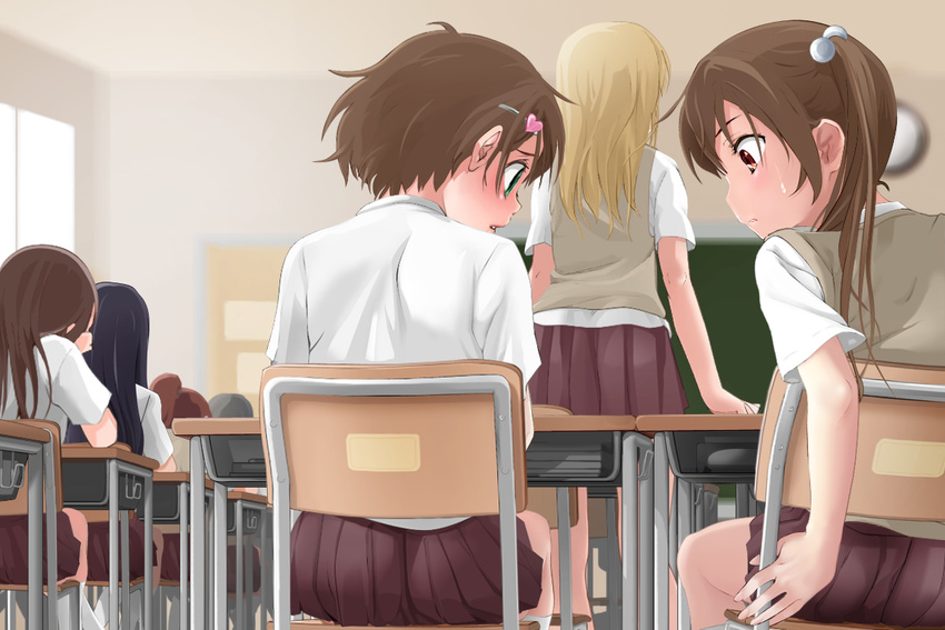 4girls androgynous bad_id bad_pixiv_id blonde_hair blush brother_and_sister brown_eyes brown_hair chair commentary_request crossdressing desk green_eyes hair_ornament hairclip long_hair multiple_girls open_mouth original otoko_no_ko school_uniform short_hair siblings sitting skirt sweatdrop twintails yuki18r