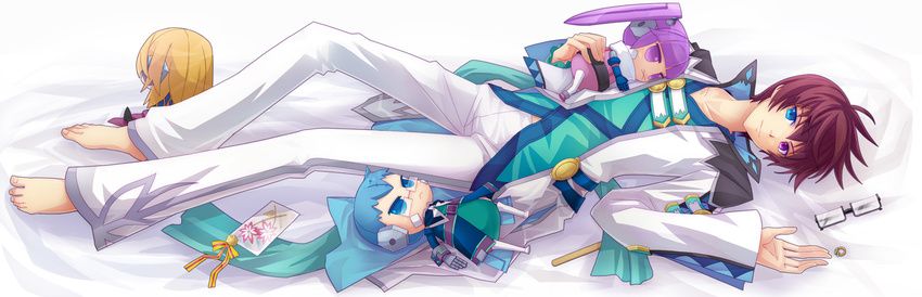 :&lt; :x asbel_lhant bad_id bad_pixiv_id barefoot blonde_hair blue_eyes blue_hair bow brown_hair card character_doll coat doll feet from_behind full_body glasses heterochromia hubert_ozwell jewelry long_hair lying lying_card male_focus pants ponytail purple_eyes purple_hair retpa ribbon richard_(tales) ring smile solo sophie_(tales) tales_of_(series) tales_of_graces